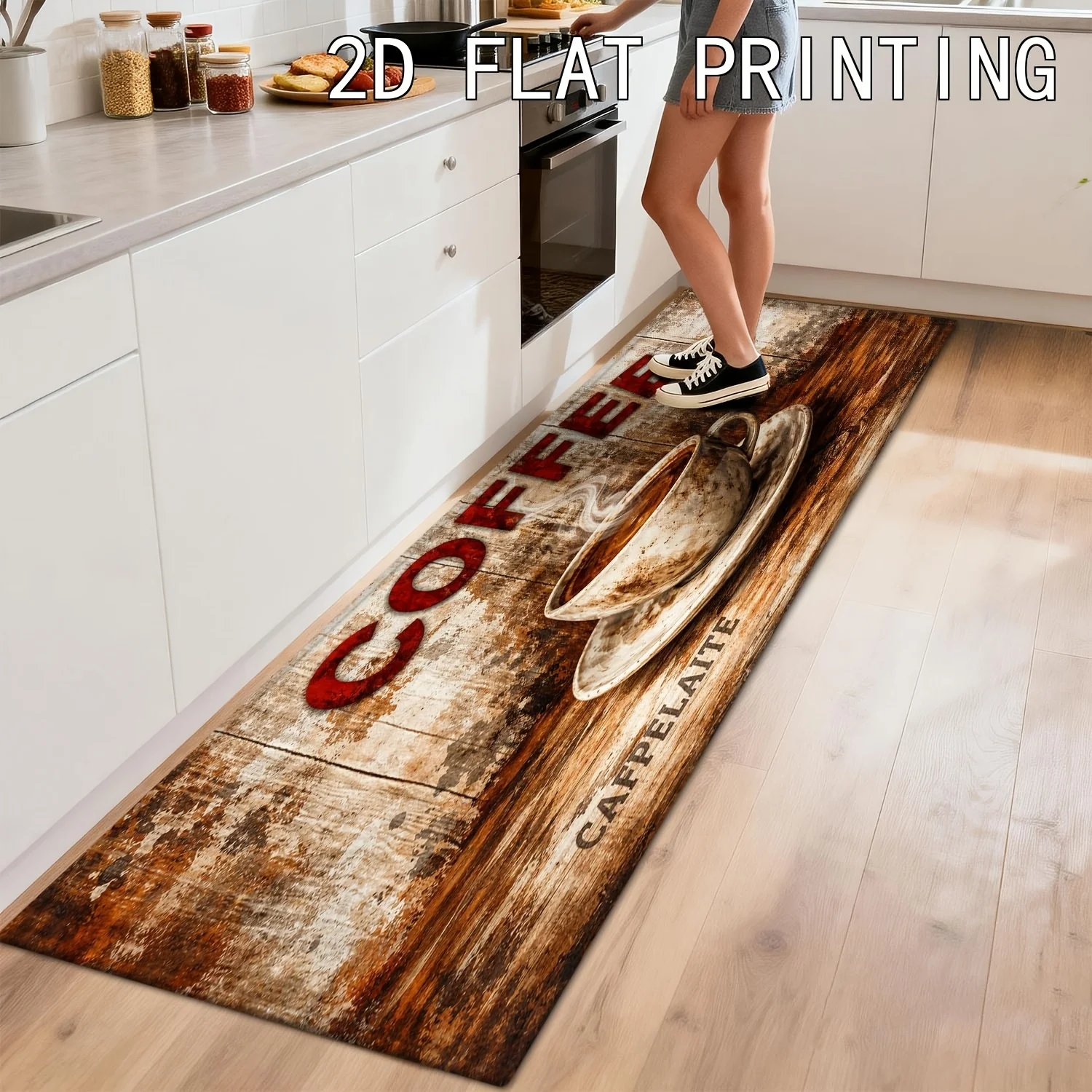 Rustic Worn Wood Grain Coffee Text Cup Runner Rug, Non-Slip Rug for Kitchen, Entryway, Bathroom & Living Room Retro Cafe Decor