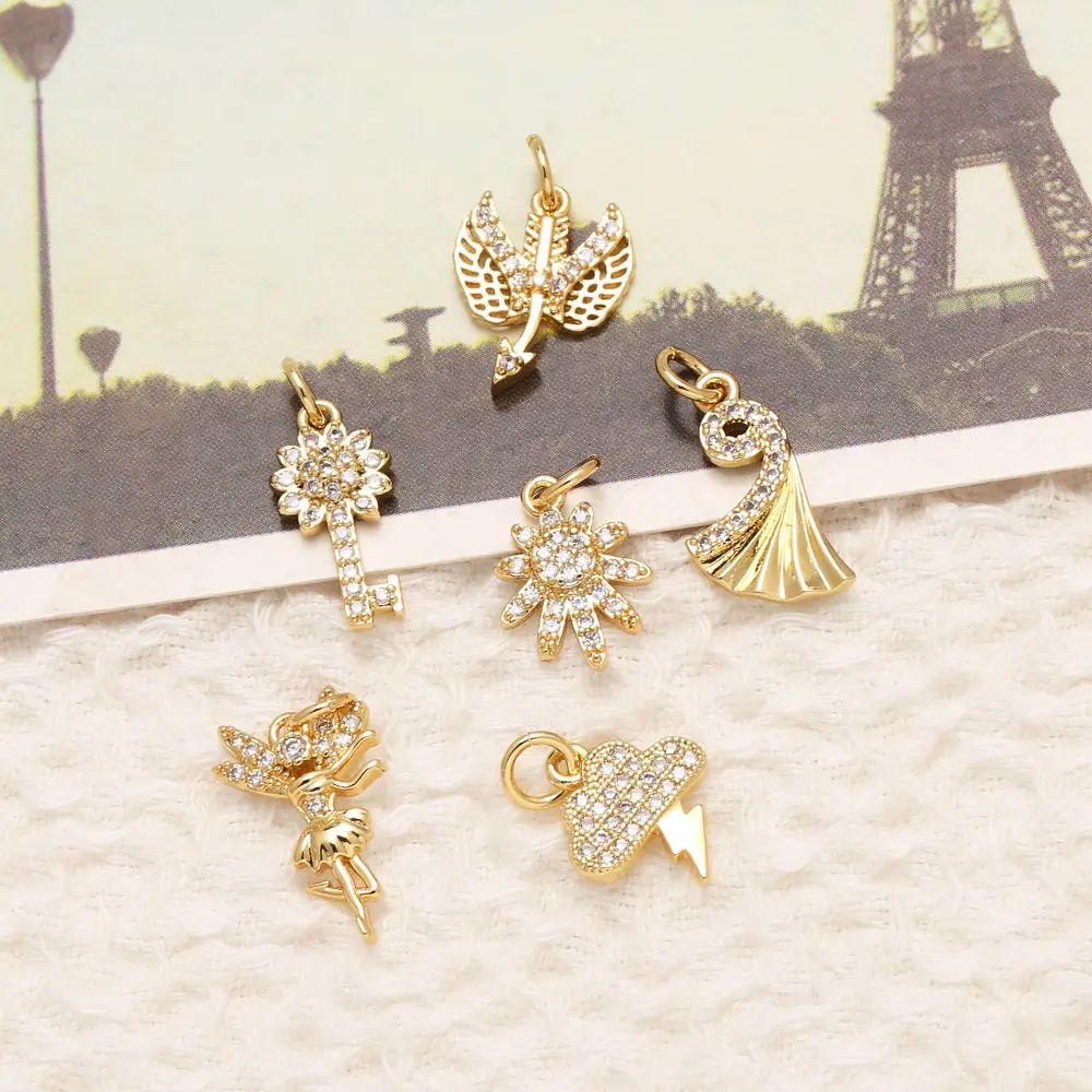 OCESRIO White Crystal Arrow Bird Charms for Bracelet Copper Thundercloud Flower Key Dancer Jewelry Making Component chma395