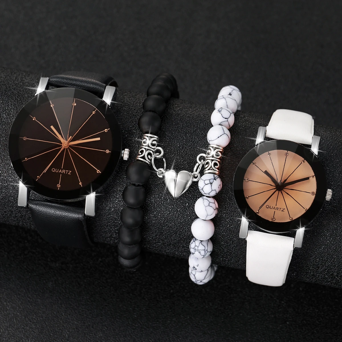 4Pcs/Set Fashion Couple Watch Women's Men's Simple Imitation Leather Quartz Watch with Black White Magnetic Bead Bracele