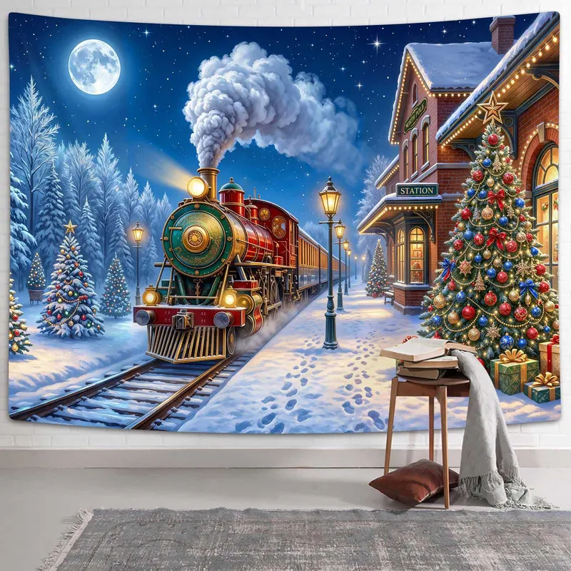 VIKAMA Christmas Train Station Tapestry Wall Hanging Steam Locomotive Snowy Tree Night Aesthetic Wall Art Bedroom Decor