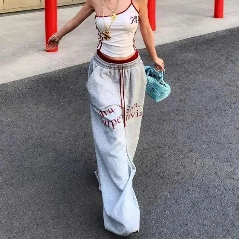 Oversized Letter Printed High Street Trousers Women Elasic Waist Hip Hop Baggy Harajuku Fashion Straight Loose Wide Leg Clothing