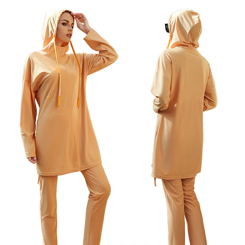 Burkini costume da bagno donna musulmana, completamente chiuso, immersioni, pantaloni da spiaggia separati, Top con cappuccio, nuovo, estivo