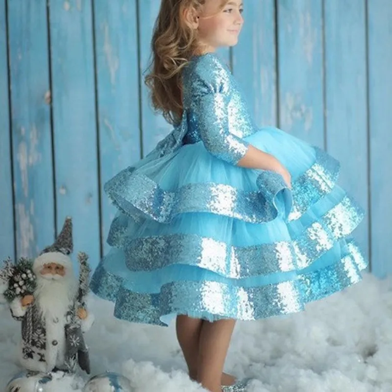 

Blue Puffy Tulle Flower Girl Dress For Wedding Shining Sequins With Bow Kids Pageant Gowns Ruffled First Communion Dress