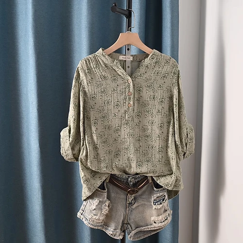 Imagen 2 del producto Blusas estéticas para mujer estilo japonés transpirable 100% hilo de algodón camisa estampada mujer novedad 2024 tops de talla grande