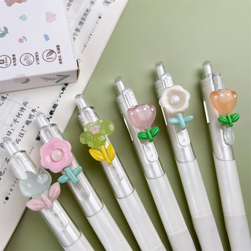 Mini canetas de gel flor fofas, tinta preta, canetas neutras, artigos de papelaria estilo kawaii coreano, artigos de escrita, material escolar e de escritório