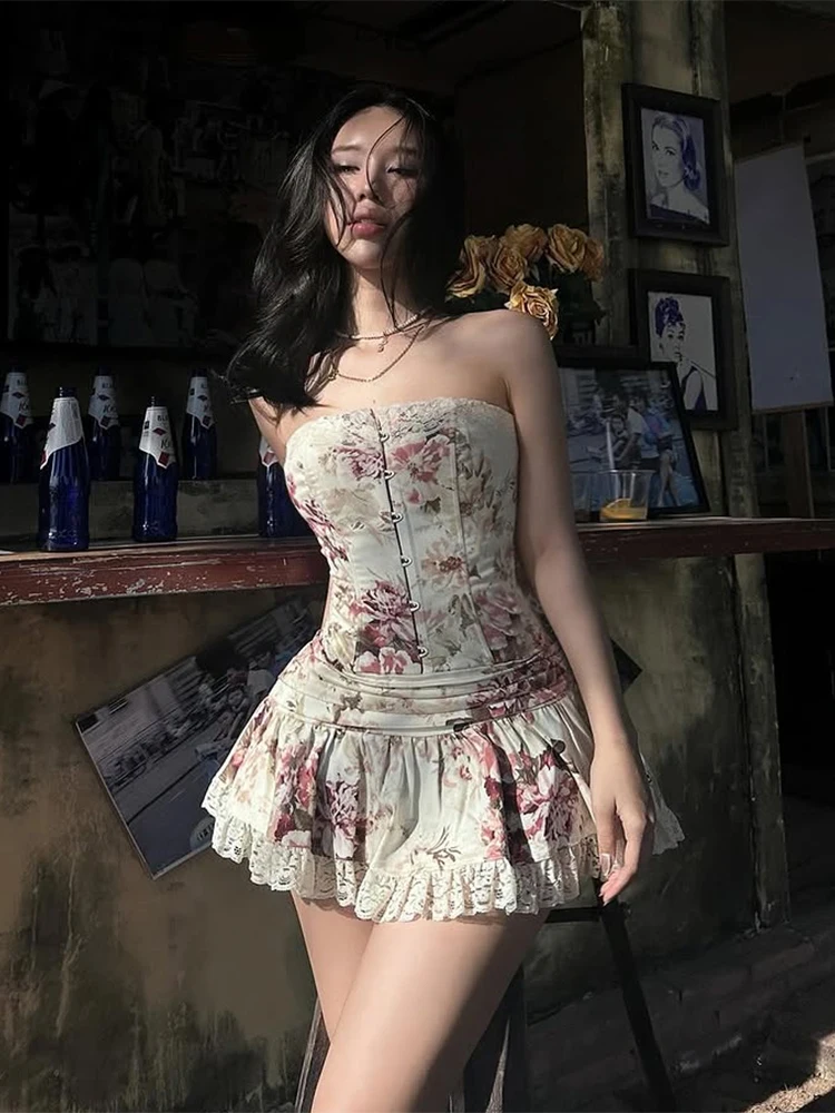 

Insglas Sweet 2Piece Set Women Flower Print Single-Breasted Metal Buckle Wrap Mini Top+Patchwork Lace Folds Skirt Matching Suits