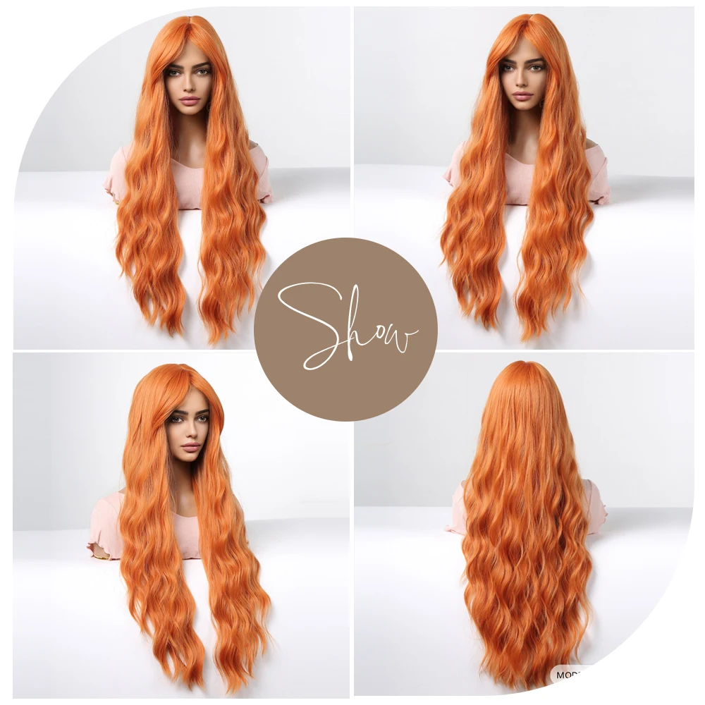 Copper Ginger Orange Long Water Wave Synthetic Wigs with Bangs for Women Cosplay Party Curly Wave Hair Wig Heat Resistant Fiber