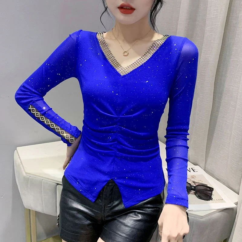 Spring Autumn Fashion Sequins Ruched Sexy V-Neck Hollow Mesh Rhinestone Slim Basic T Shirt Women Elegant Long Sleeve Ladies Tops