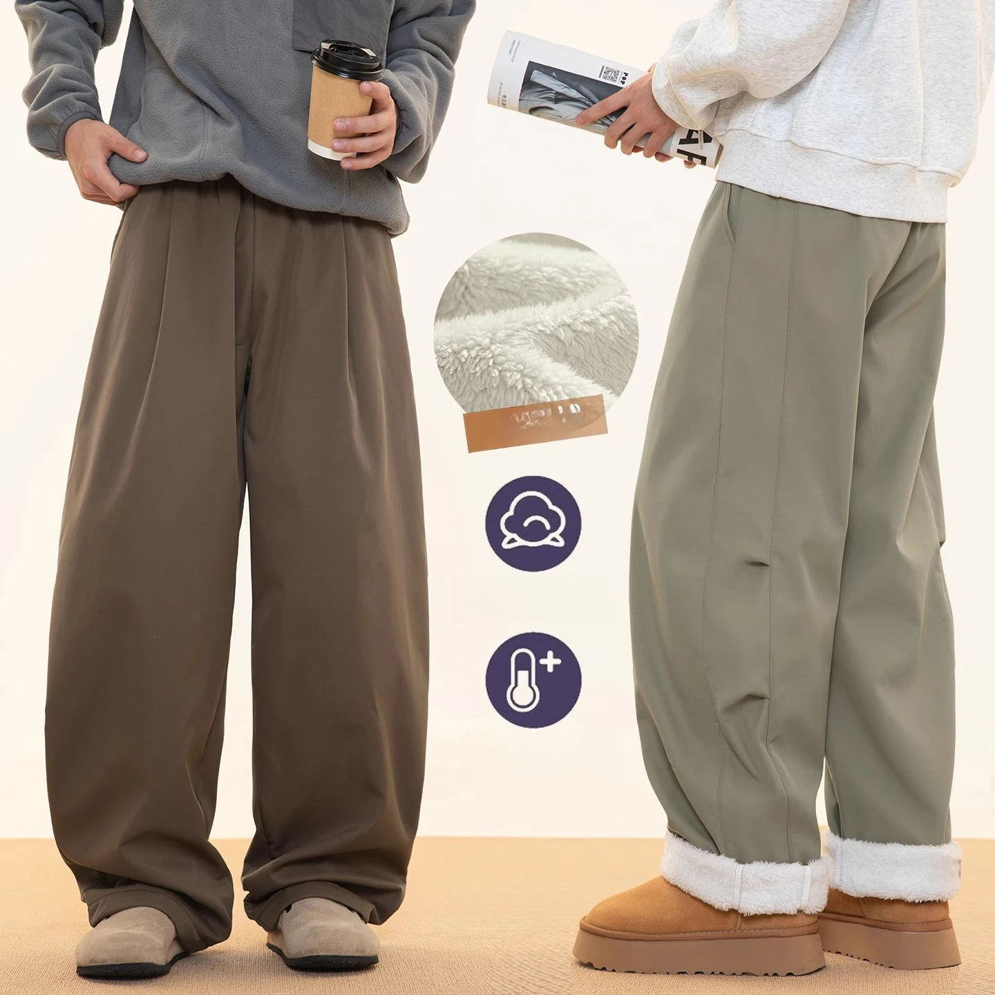 

New Men's Japanese - Style Loose Fit Fleece - Lined Tapered Leg Casual Pants Solid Color Thickened and Fleece-lined Warm Pants