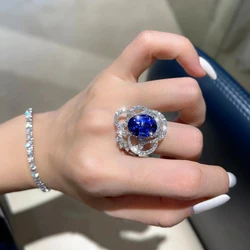 2022 New Luxury Oval Blue AAA Zircon Flower Engagement Rings for Women Resizable Bridal Prom Party Fine Jewelry Gifts D930