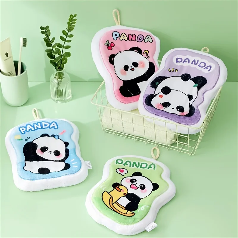 Hanging cartoon panda coral velvet hand towel, kitchen cleaning cloth, thick absorbent handkerchief