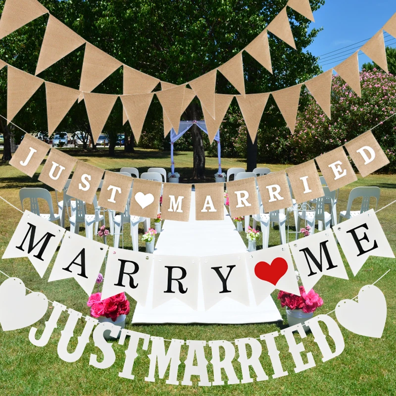 Vintage Burlap Triangle Banner Dekoracja ślubna Just Married Bunting Flag Garland na wesele Wiszące dekoracje Rekwizyty fotograficzne