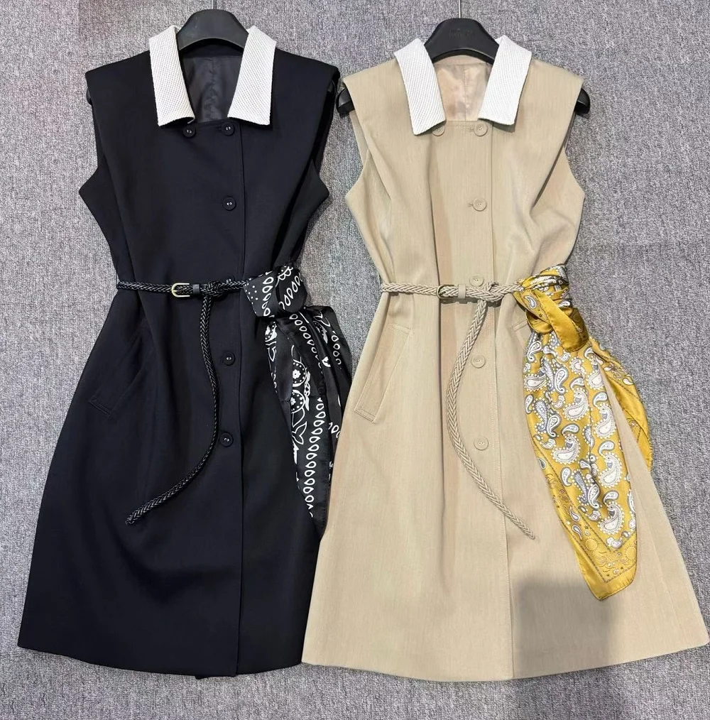 Top Quality New 2026 Autumn Winter Vestido Women White Turn-down Collar Belt Deco Sleeveless Apricot Black Slim Fitted Dress