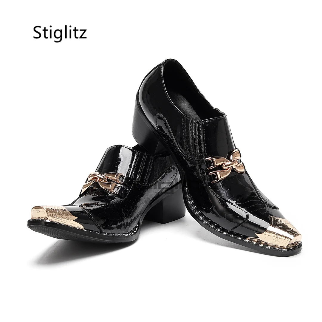 

Black Bright Leather Dress Shoes Men Genuine Metal Buckle Pointed Toe High Heels Slip On Shoes Spring Autumn Party Office Shoes
