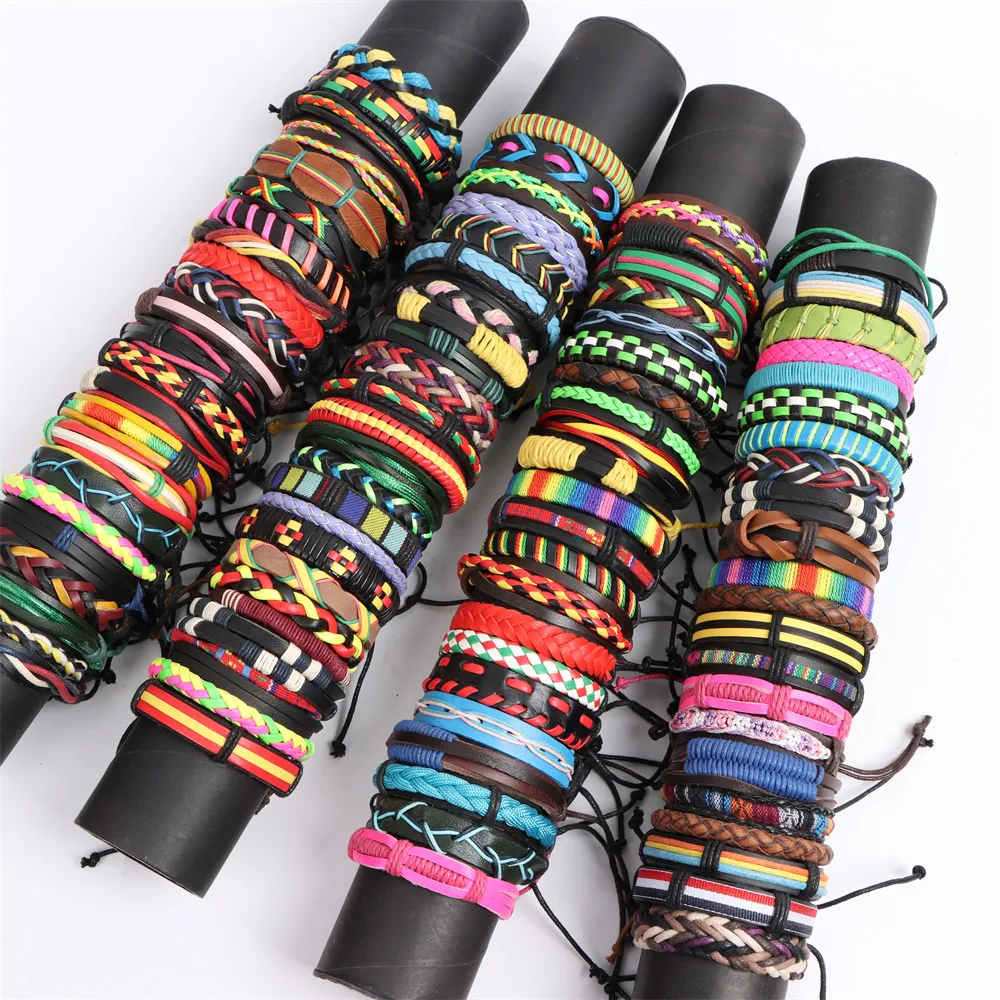 10Pcs/Lot Fashion Handmade Multi-color Braided Leather Bangle Cuff Bracelets For Women Men Mix Style Size Adjustable Jewelry