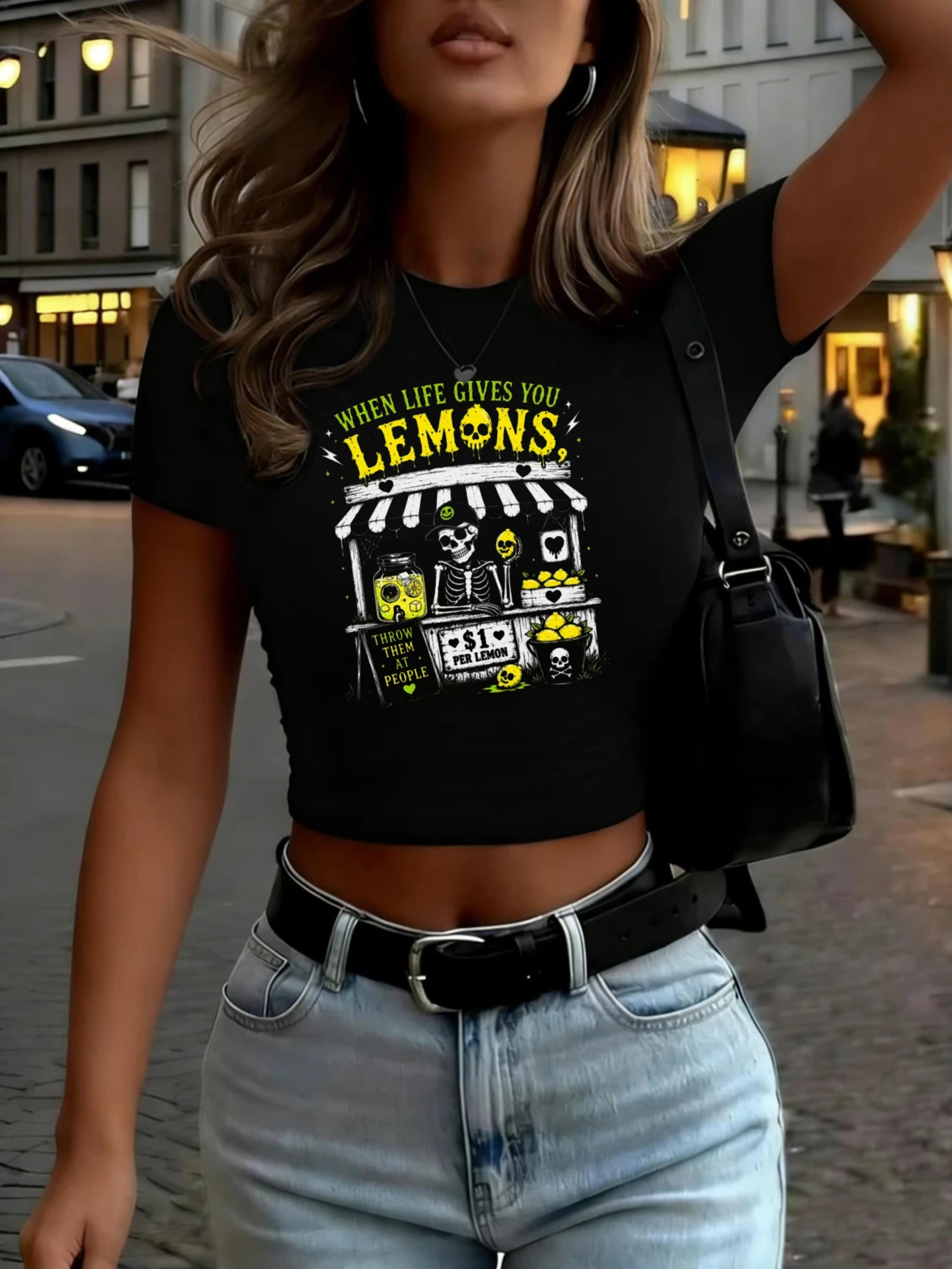 Funny Skeleton Lemonade Stand Graphic Women's Crop Tops Casual Streetwear Summer 2000s Y2K 90S Female Sexy Cropped Clothes