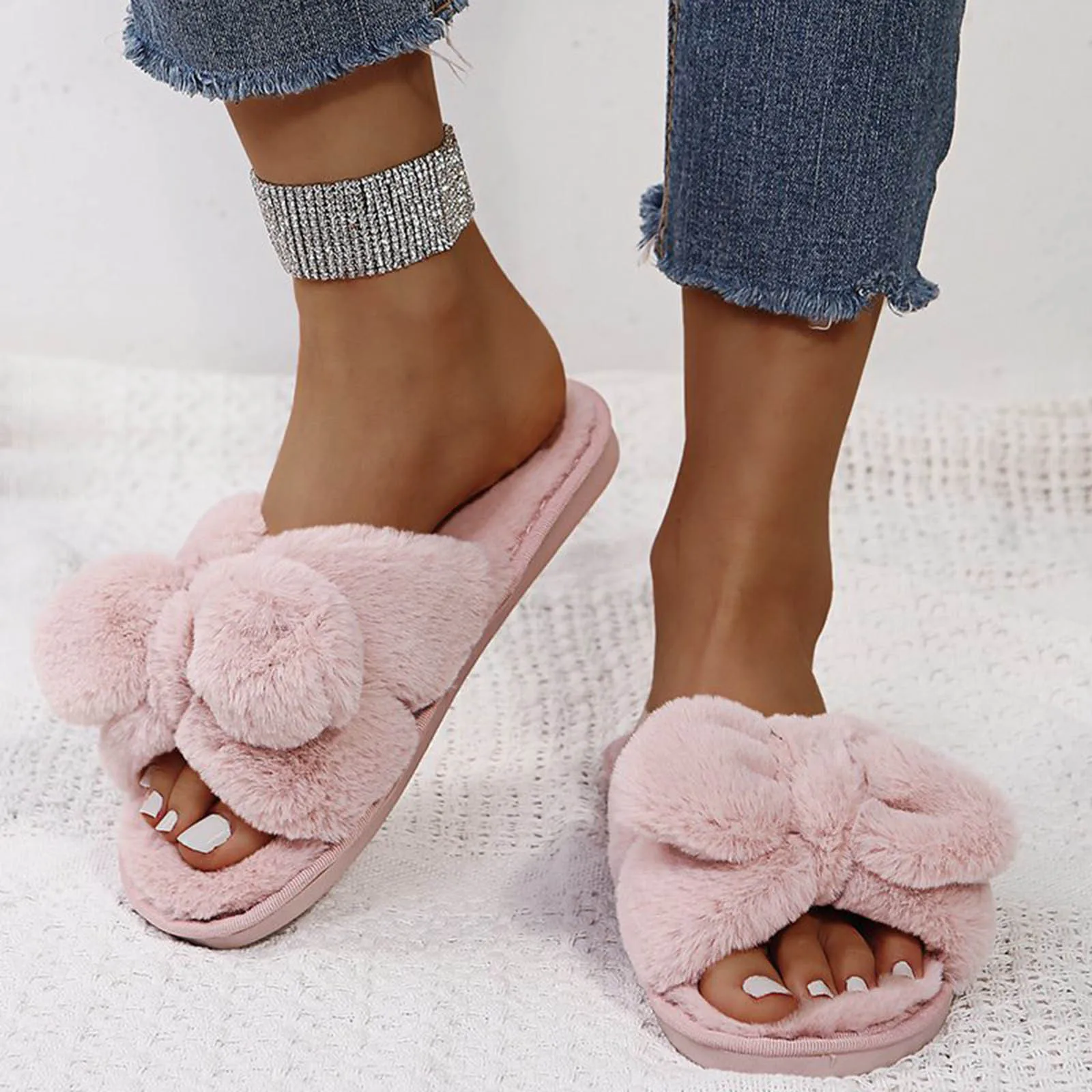 Shoes Home Warm Bowknot Slippers Bottom Indoor Soft Women's Cotton Warm House Slippers for Women Summer House Slippers for Women