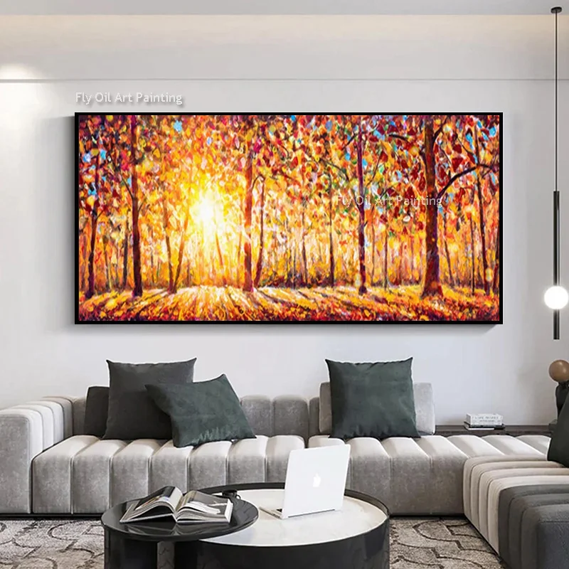 Large Orange Yellow Autumn Forest Landscape Wall Art Decor For Living Room Handmade Blue Tree Road Canvas Oil Painting For Home