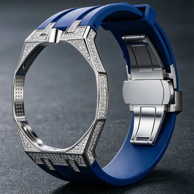 Silver Moissanite‑Style Stainless Steel Mod Case Kit, Multi‑Color Free‑Match Silicone Strap for Swatch Royal Pop