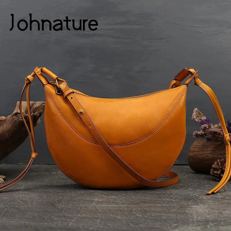 Johnature Genuine Leather Fashion Crossbody Bags For Women Versatile Natural Soft Cowhide Vintage Solid Color Shoulder Bags