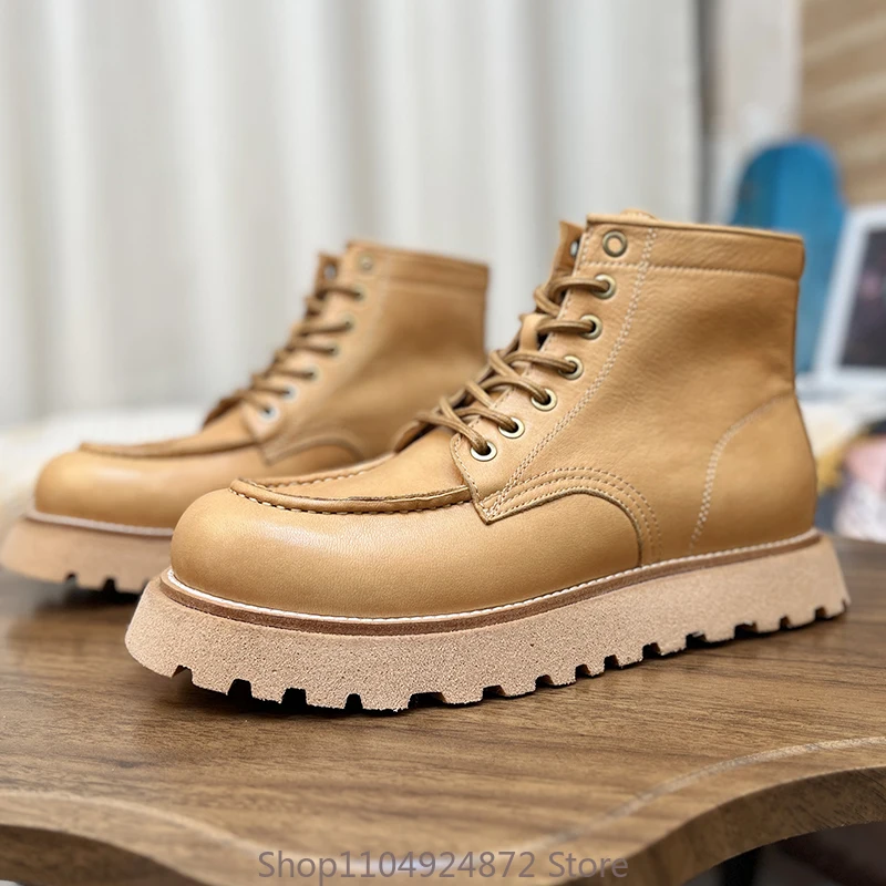 

Новая высокая мужская обувь, легкие мотоциклетные ботинки на толстой подошве, рабочие ботинки ручной работы в американском стиле, ботильоны из натуральной кожи