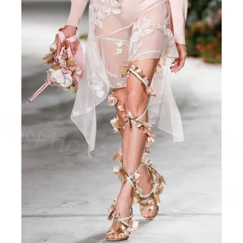 

Colorful Appliques Hollow Design Twine Sandals Lace Up Women Shoes Thin High Heels Open Toe Party Feast 2025 Zapatos Para Mujere