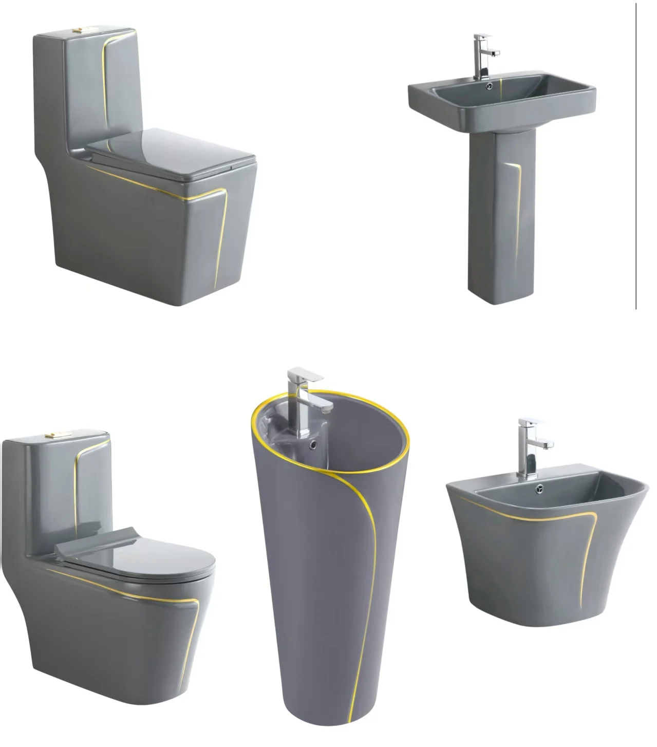 Floor Mounted Gold Line One-Piece Ceramic Toilet | Luxury Water Closet For Hotel & Apartment Project