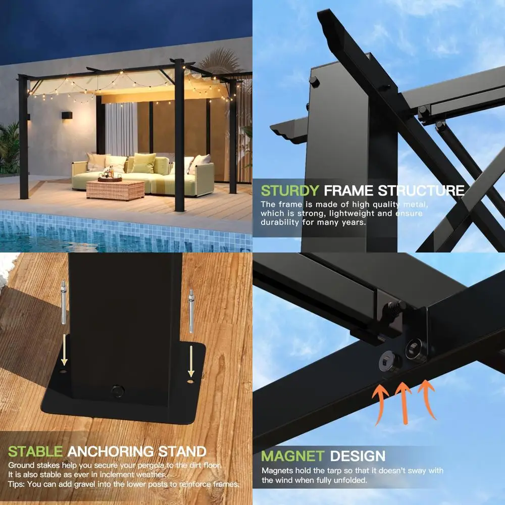 

Сверхмощная уличная беседка с выдвижным навесом, металлическое укрытие для патио 10x12 для солнцезащитного козырька и защиты