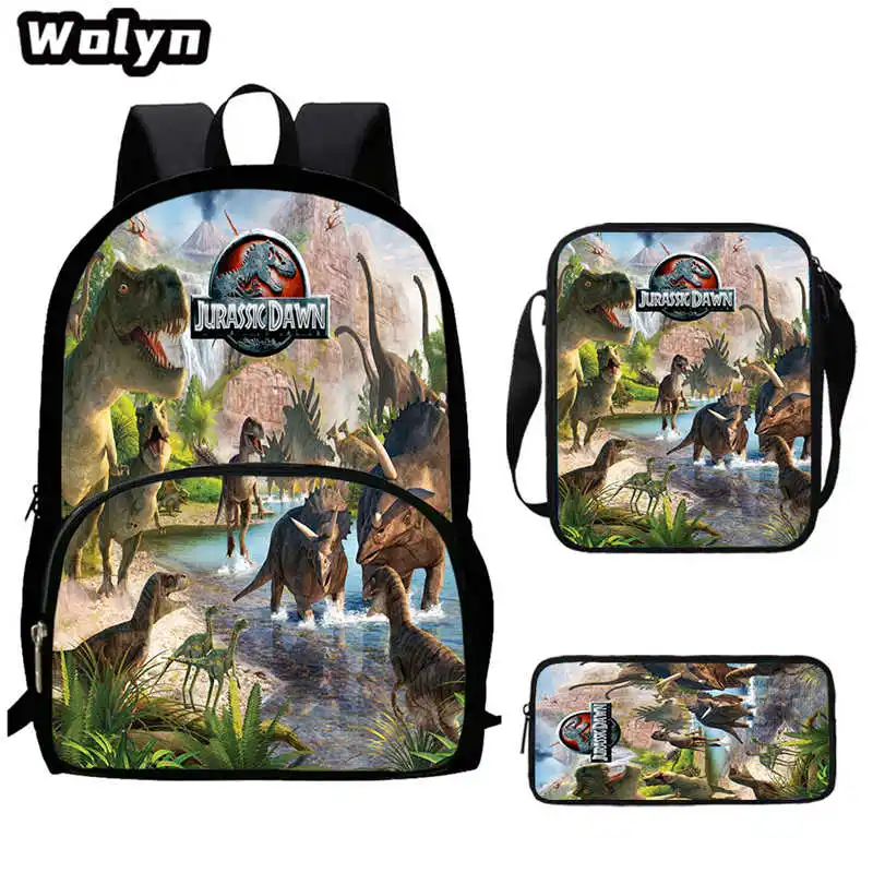 Mochilas de dinossauro com bolsa de ombro, saco de lápis, mochila escolar personalizada para criança, padrão do período jurássico, sacos infantis,