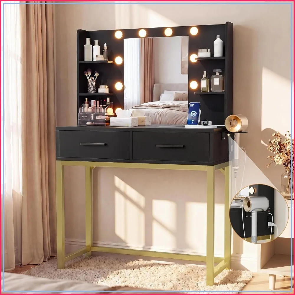 31.5'' Small Vanity Desk with LED Mirror and Lights, Black Makeup Table for Bedroom