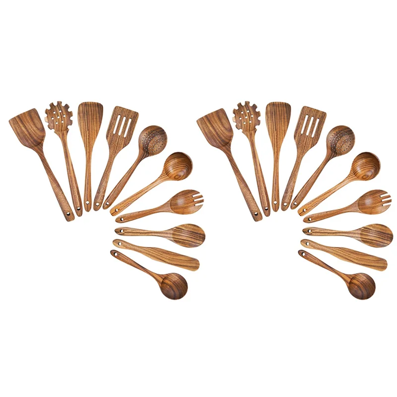 

2X Wooden Cooking Utensils, Kitchen Utensils Set With Teak Wood Spoons And Wooden Spatula For Cooking-AT36