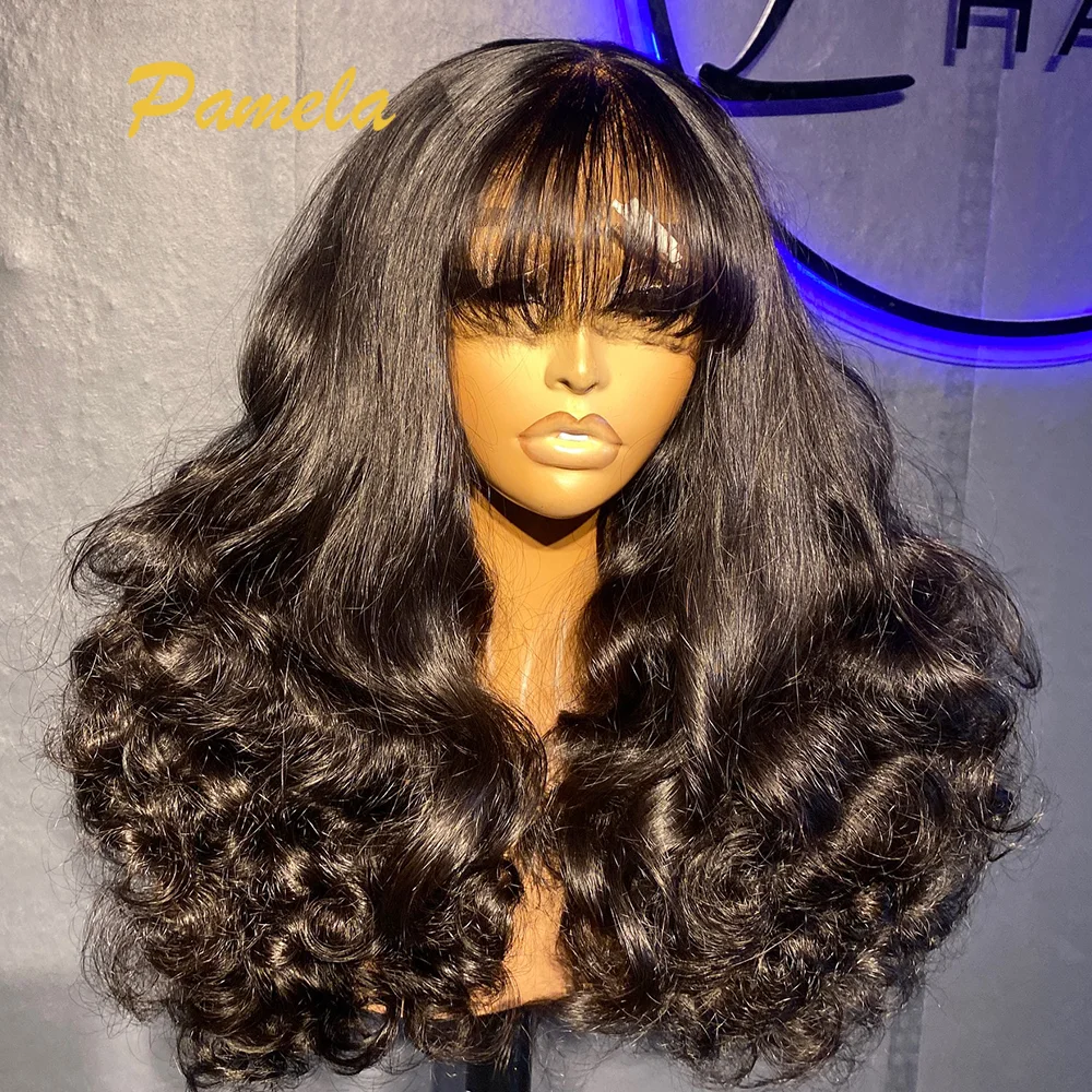 Glueless Super Double Drawn 250% Density Loose Deep Wave With Bangs 4X4 HD Transparent Lace Frontal Human Hair Wigs For Women