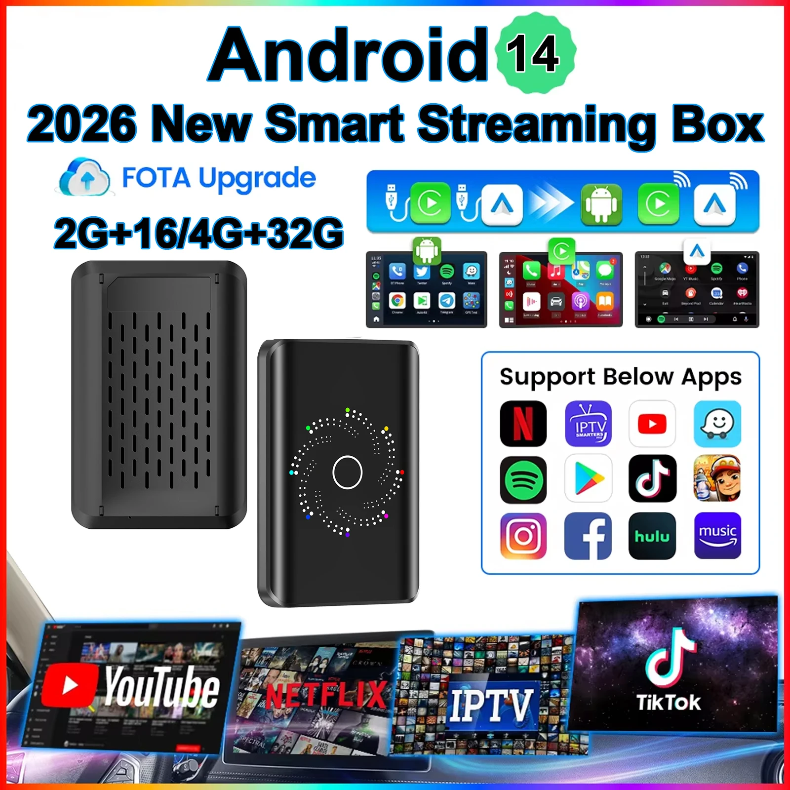 Wireless CarPlay Android Auto Adapter Android 14 Smart AI Box 4+32GB Built-in Video Software GPS Smart AI Box