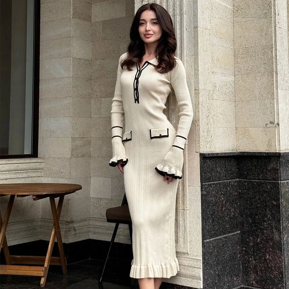 

2025 Knitted Ruffle Lapel Dress Women's Elegant Long Sleeve Vintage Dress Fashion Contrast Pocket High Waist Knitted Dress