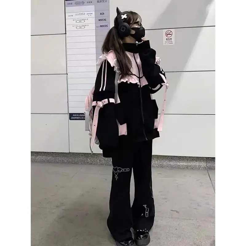 Outono inverno japonês doce y2k roupas com capuz feminino kawaii vintage casaco feminino retalhos estilo coreano chique cardigan outfits