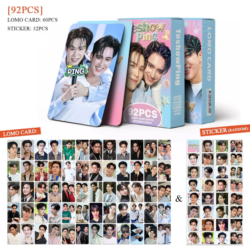 92PCS Teshow Ping Lomo Cards Set 60Pcs Photo Cards +32Pcs Stickers Thai BL Actor Collection Cards Birthday Gift for Fans