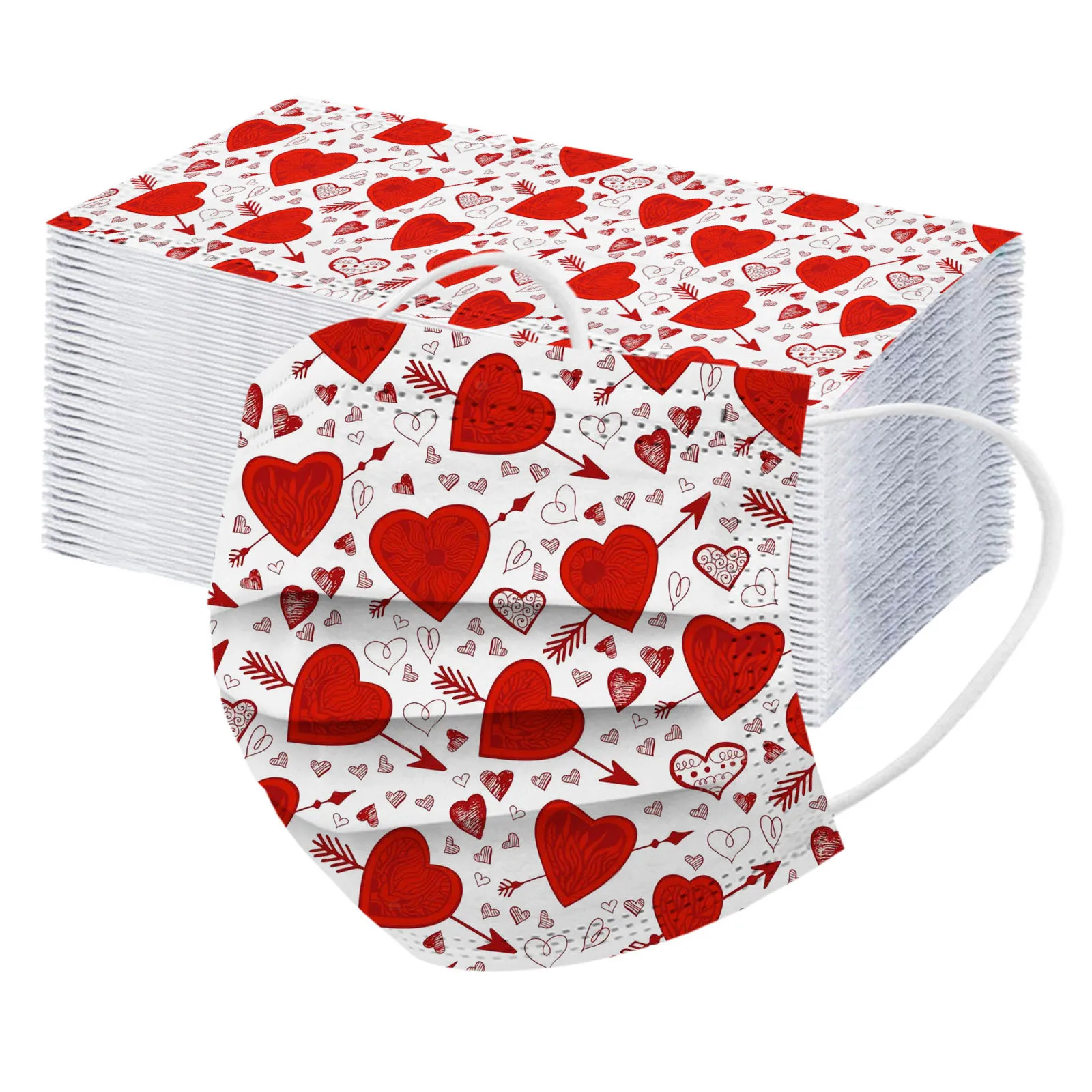 قناع وجه واقي للاستخدام مرة واحدة للبالغين ، يوم القلوب 3 طبقات ، 10 من من من من الحب ، 50 من الخارج