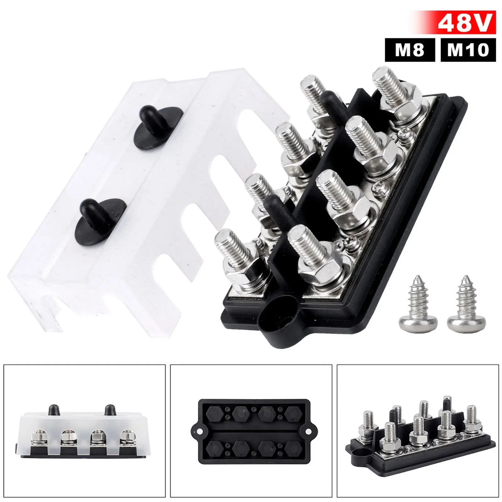 M8 M10 Copper Battery Terminal Studs Bus Bar 12V-48V 250A Power Distribution Block Box with Cover for Positive Negative Busbar