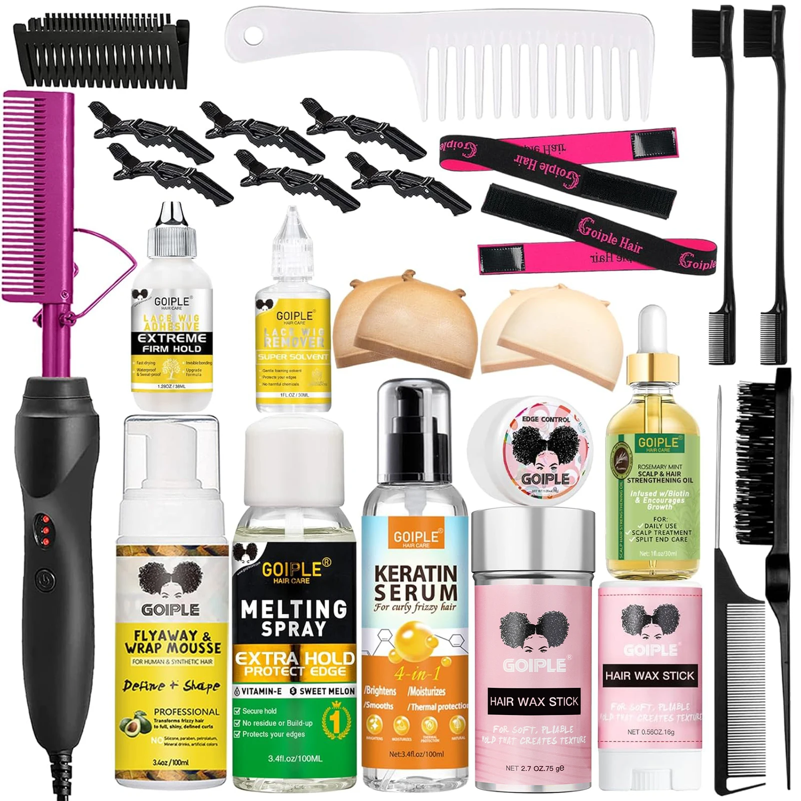 2-in-1 Electric Styling Comb for Straight & Curly Hair Set Hair Straightener Include Hair Care Products & Wig Installation Kit