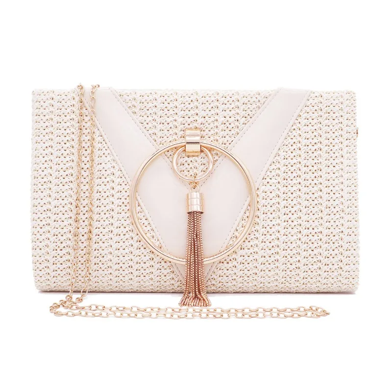 Beige Straw Woven Clutch Bag Women Metal Ring Tassel Outdoor Wedding Handbag Summer Beach Party Crossbody Purse Bolsa Feminina