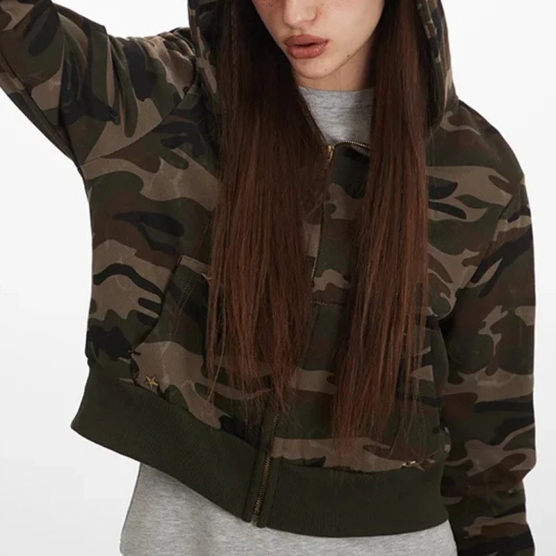 Camo Hooded Sweater Women's 2025 Spring and Autumn Zipper Retro Cardigan Jacket