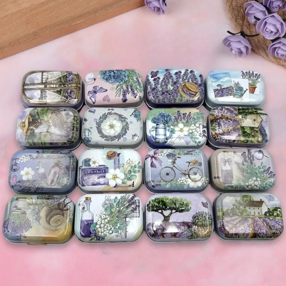

8 mini lavender tin jewelry storage boxes, decorative boxes, and small metal tin portable with hinged lids