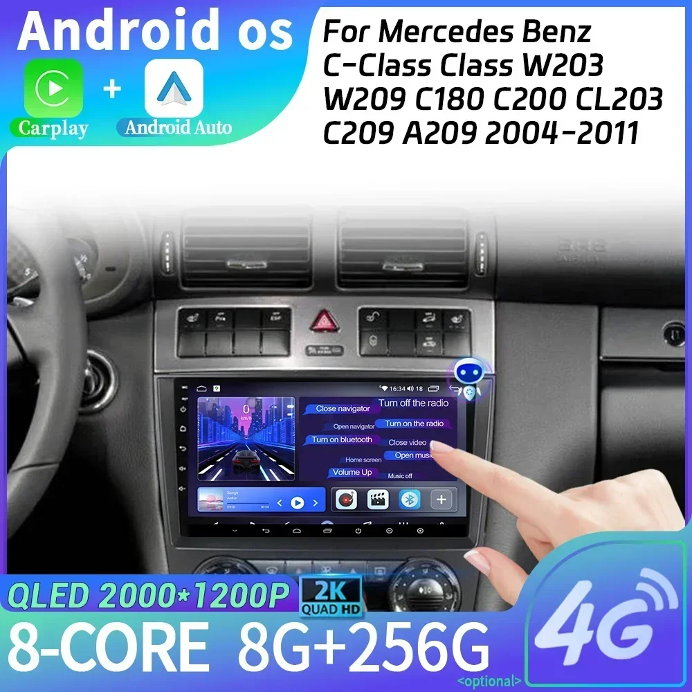 Car Multimedia Navigation Android 14 For Mercedes Benz C-Class Class W203 W209 C180 C200 CL203 C209 A209 2004-2011 Carplay