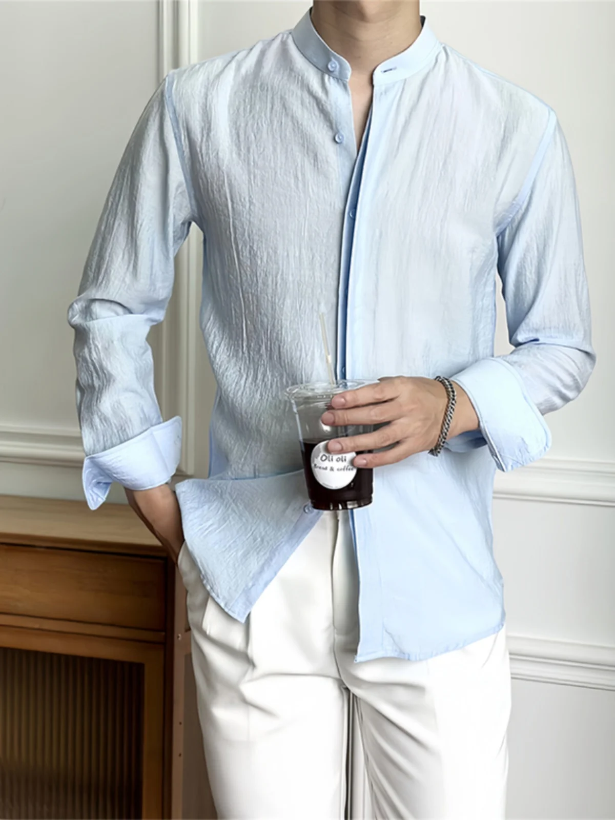 

Men's Slim Fit Long Sve irt Autumn Stand Collar Breathable Busin Korean Sle Casual Faion Folded Cuff Trendy Top