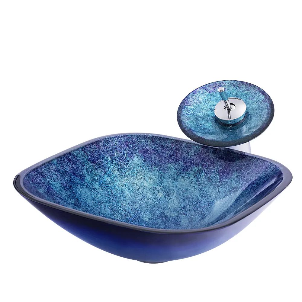j* Good Global Goods Blue Ocean Color Square Shape Wash Basin Vessel Bowl Bathroom Sink Tempered Glass Designer Basin for Hotel