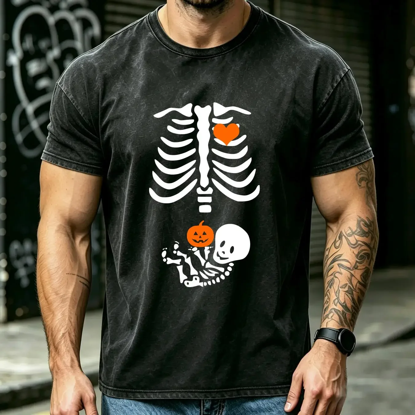 washed T Shirt Halloween Pregnant Skeleton Maternity Pregnancy Outfit long or short sleeves vintage Washed