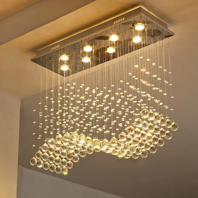 Luxury Crystal Chandelier Restaurant Dining Room  Bead Curtain Partition Rectangular Shop Pendant Light