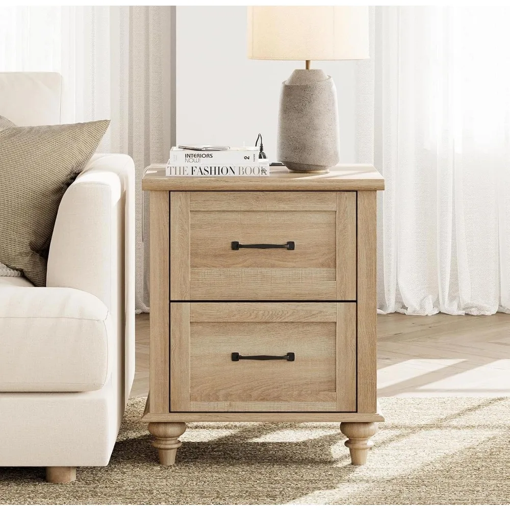 

End Table Nightstand with Charging Station, Farmhouse Side Table for Living Room with 2 Drawers, Natural Wood Night Stand