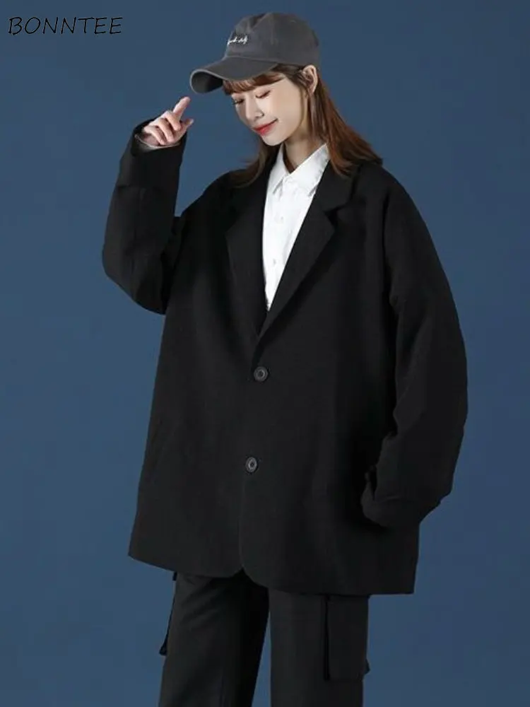 블레이저 여성 헐렁한 단순한 옷 우아한 프레피 옷 한국 패션 유니섹스 긴 소매 가을 하이 스트리트 젠틀 노치드 인