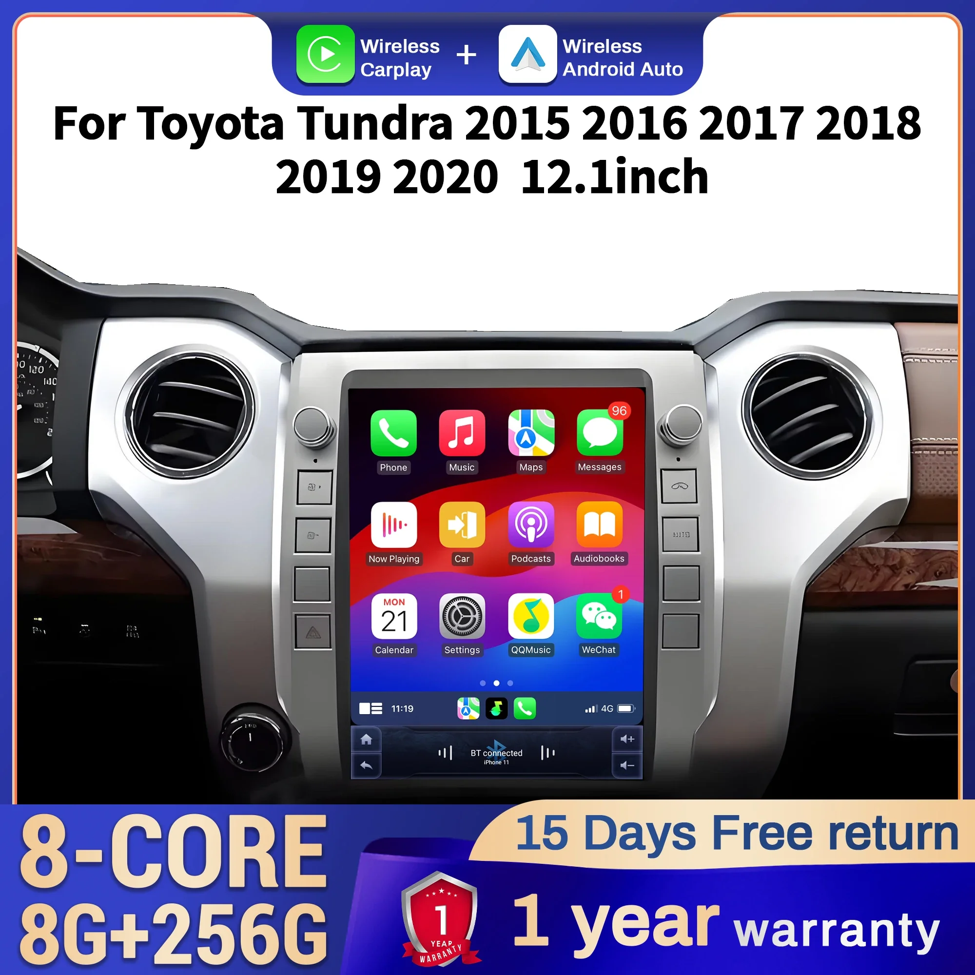 

12.1 inch Car Radio For Toyota Tundra 2015 2016 2017 2018 2019 2020 4G Head Unit Wireless Bluetooth CarPlay Touch Screen Stereo